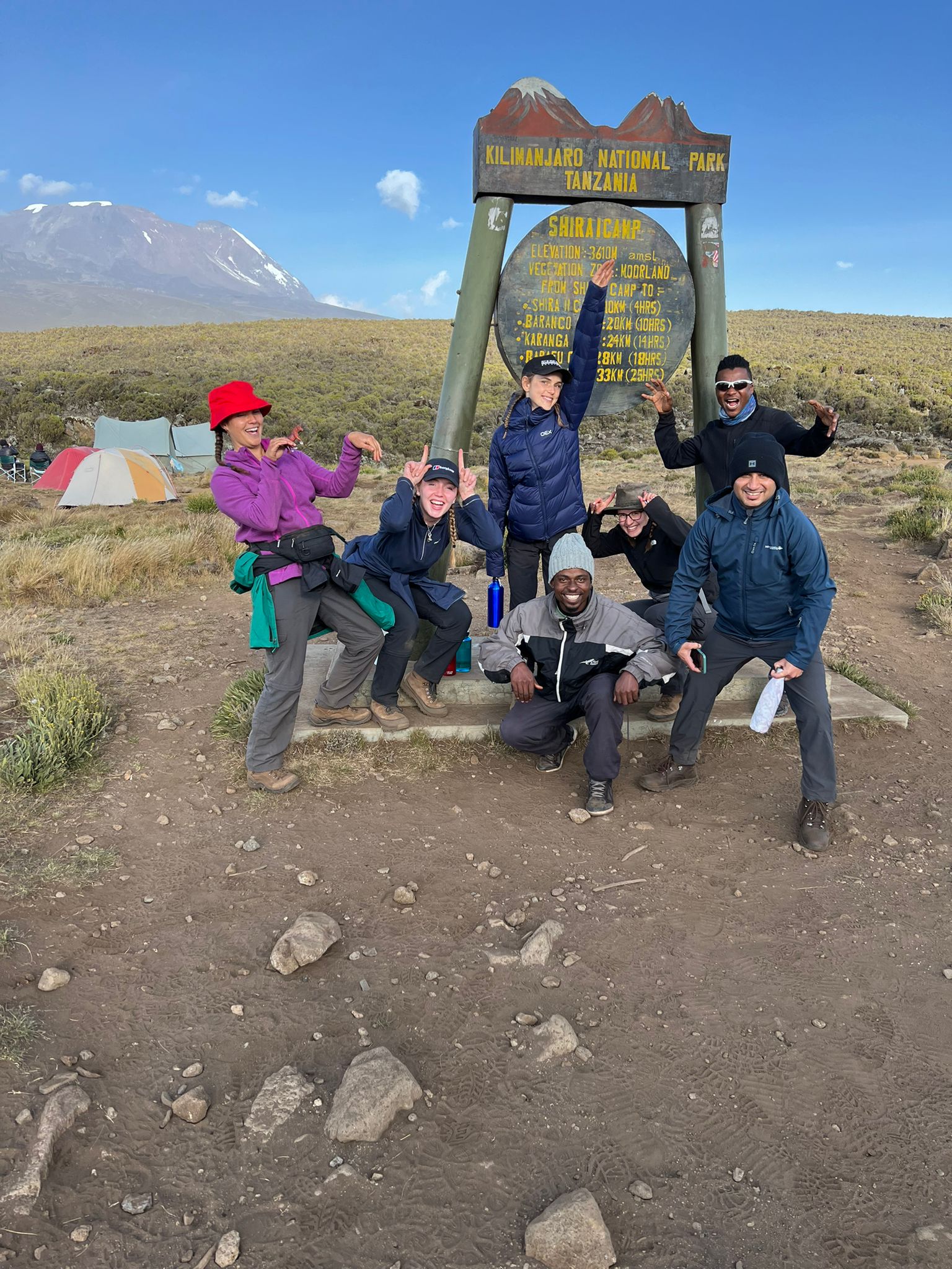 Alice, Diane, Amit, Rhiannon and Louise at Kilimanjaro's Shira 1 Camp