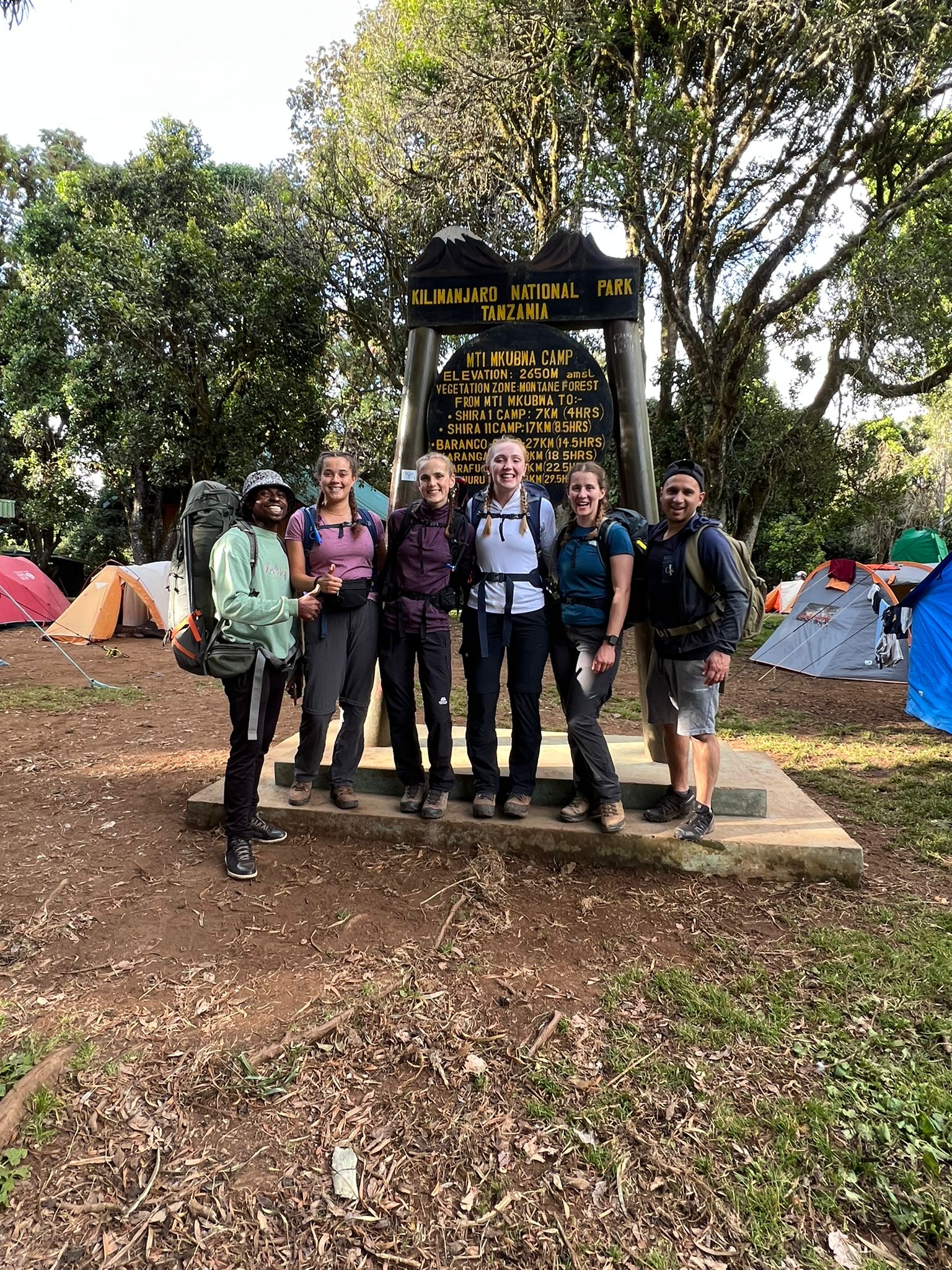 Alice, Diane, Amit, Rhiannon and Louise at Kilimanjaro's Mti Mkubwa (Big Tree) Camp