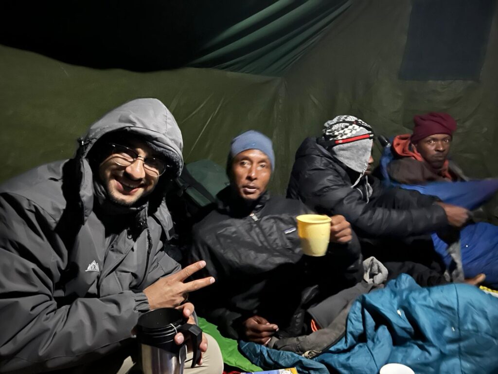 Kshitiz Gautam With Kilimanjaro Crew In A Tent